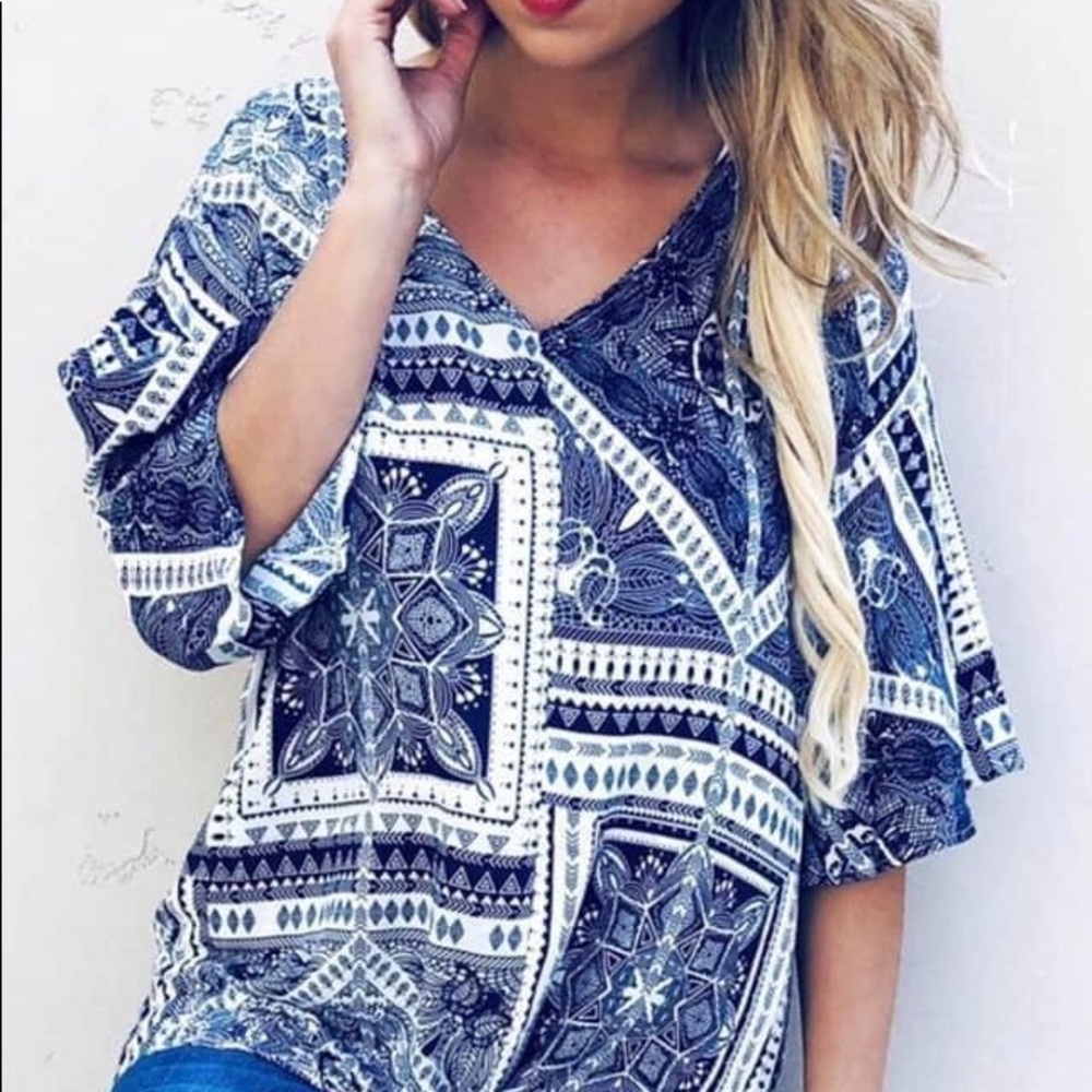 Blue Printed a Tie Front Blouse